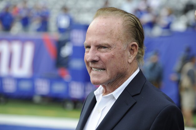 Former New York Giants player Frank Gifford looks on before an NFL football game between the New York Giants and the Denver Broncos Sunday, Sept. 15, 2013, in East Rutherford, N.J. (AP Photo/Bill Kostroun)