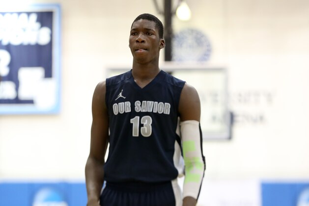 Our Savior New American's Cheick Diallo #13 is seen against Linden during a high school basketball game on Friday, Feb. 13, 2015, in Kean, NJ.  Our Savior won the game. (AP Photo/Gregory Payan)
