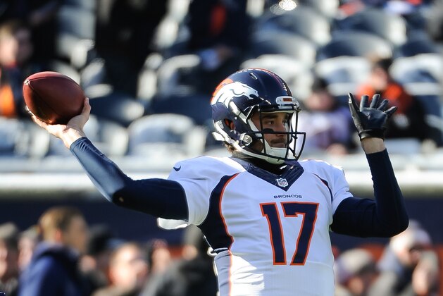 CHICAGO, IL - NOVEMBER 22:  Quarterback Brock Osweiler #17 of the Denver Broncos warms up prior to the NFL game against the Chicago Bears at Soldier Field on November 22, 2015 in Chicago, Illinois.  (Photo by David Banks/Getty Images)