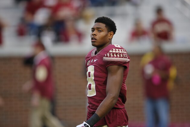 Florida State defensive back Jalen Ramsey (8) warms up before the first half of an NCAA college football game between Georgia Tech and Florida State, Saturday, Oct. 24, 2015, in Atlanta. (AP Photo/Mike Stewart)