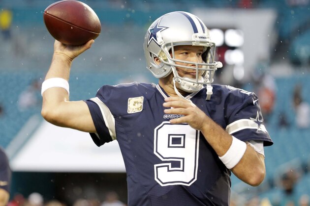 Dallas Cowboys quarterback Tony Romo (9) warms up before an NFL football game against the Miami Dolphins, Sunday, Nov. 22, 2015, in Miami Gardens, Fla.  (AP Photo/Lynne Sladky)