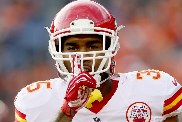 Kansas City Chiefs running back Charcandrick West (35) celebrates his touchdown against the Denver Broncos during the first half of an NFL football game against the, Sunday, Nov. 15, 2015, in Denver. (AP Photo/Joe Mahoney)