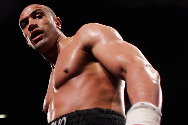 BOLTON, ENGLAND - FEBRUARY 26:  Richard Towers of England celebrates victory over Daniel Bispo of Brazil in their Heavyweight fight during the Night of Champions Boxing at Reebok Stadium on February 26, 2011 in Bolton, England.  (Photo by Dean Mouhtaropoulos/Getty Images)