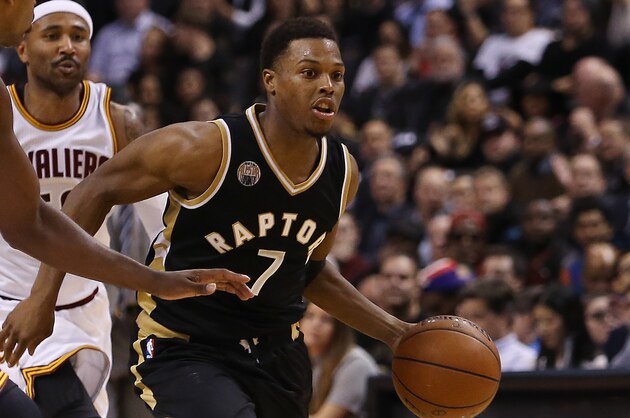 TORONTO, ON - NOVEMBER 25:  Kyle Lowry #7 of the Toronto Raptors drives to the basket past Tristan Thompson #13 of the Cleveland Cavaliers during an NBA game at the Air Canada Centre on November 25, 2015 in Toronto, Ontario, Canada.  NOTE TO USER: User expressly acknowledges and agrees that, by downloading and or using this photograph, User is consenting to the terms and conditions of the Getty Images License Agreement.  (Photo by Vaughn Ridley/Getty Images)