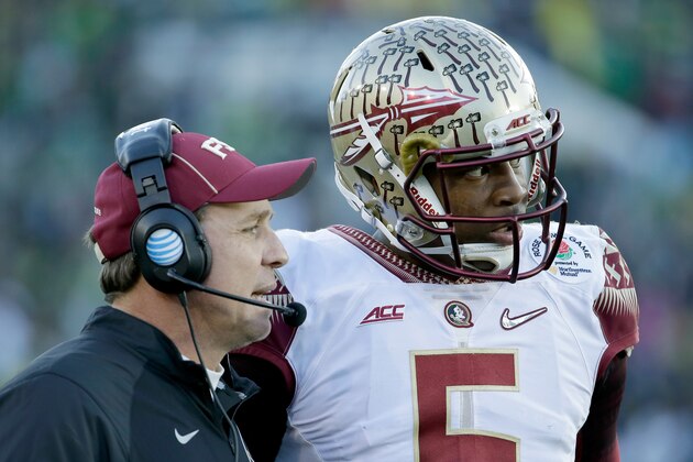 PASADENA, CA - JANUARY 01:  Quarterback Jameis Winston #5 of the Florida State Seminoles speaks with head coach Jimbo Fisher during the College Football Playoff Semifinal against the Oregon Ducks at the Rose Bowl Game presented by Northwestern Mutual at the Rose Bowl on January 1, 2015 in Pasadena, California.  (Photo by Jeff Gross/Getty Images)