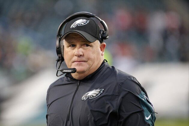 Philadelphia Eagles head coach Chip Kelly walks the sidelines during the second half of an NFL football game against the Tampa Bay Buccaneers, Sunday, Nov. 22, 2015, in Philadelphia. (AP Photo/Julio Cortez)