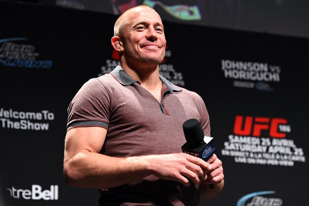 MONTREAL, QC - APRIL 24:  Former UFC welterweight champion Georges St-Pierre interacts with fans during a Q&A session before the UFC 186 weigh-in event at Metropolis on April 24, 2015 in Montreal, Quebec, Canada. (Photo by Jeff Bottari/Zuffa LLC/Zuffa LLC via Getty Images)