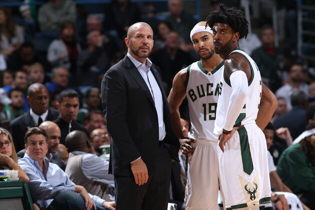MILWAUKEE, WI - NOVEMBER 23:  Head Coach Jason Kidd of the Milwaukee Bucks talks to Jerryd Bayless #19 and O.J. Mayo #3 during the game against the Detroit Pistons on November 23, 2015 at the BMO Harris Bradley Center in Milwaukee, Wisconsin. NOTE TO USER: User expressly acknowledges and agrees that, by downloading and or using this Photograph, user is consenting to the terms and conditions of the Getty Images License Agreement. Mandatory Copyright Notice: Copyright 2015 NBAE (Photo by Gary Dineen/NBAE via Getty Images)