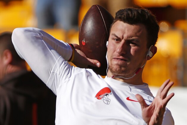 Cleveland Browns quarterback Johnny Manziel (2) warms up before an NFL football game against the Pittsburgh Steelers, Sunday, Nov. 15, 2015, in Pittsburgh. (AP Photo/Gene J. Puskar)