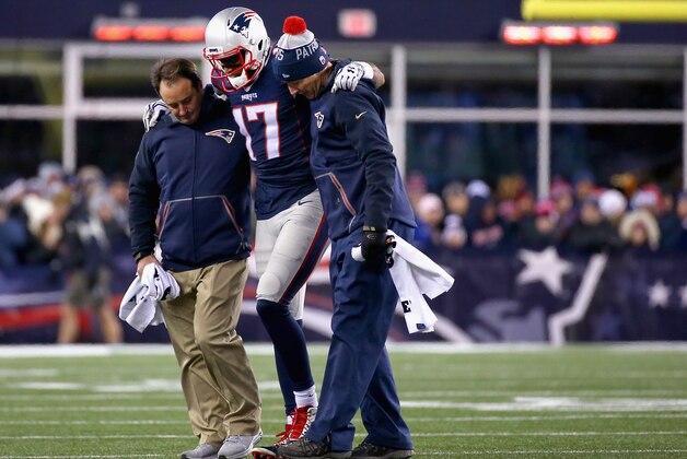 FOXBORO, MA - NOVEMBER 23:  Aaron Dobson #17 of the New England Patriots is injured during the second quarter against the Buffalo Bills at Gillette Stadium on November 23, 2015 in Foxboro, Massachusetts.  (Photo by Jim Rogash/Getty Images)