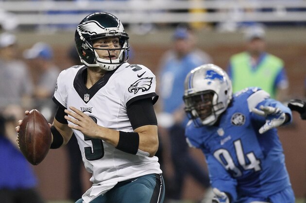 Philadelphia Eagles quarterback Mark Sanchez (3) is rushed by Detroit Lions defensive end Ezekiel Ansah (94) during the first half of an NFL football game, Thursday, Nov. 26, 2015, in Detroit. (AP Photo/Duane Burleson) Philadelphia Eagles quarterback Mark Sanchez (3) is rushed by Detroit Lions defensive end Ezekiel Ansah (94) during the first half of an NFL football game, Thursday, Nov. 26, 2015, in Detroit. (AP Photo/Duane Burleson)