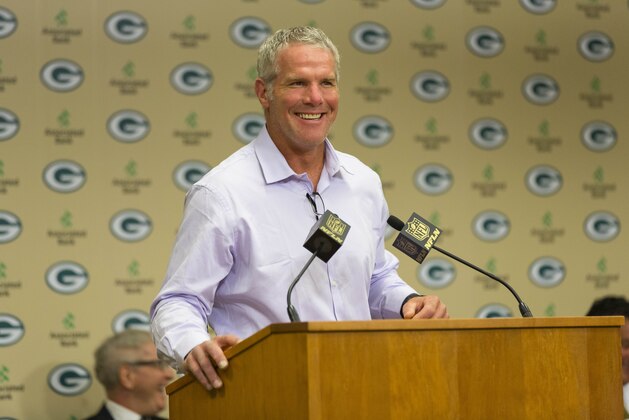 Former Green Bay Packers NFL football quarterback Brett Favre during a press conference at Lambeau Field  prior to his induction in to the Packers Hall of Fame and having his No. 4 jersey retired Saturday July 18, 2015, at Lambeau Field in Green Bay, Wis. (AP Photo/Mike Roemer)