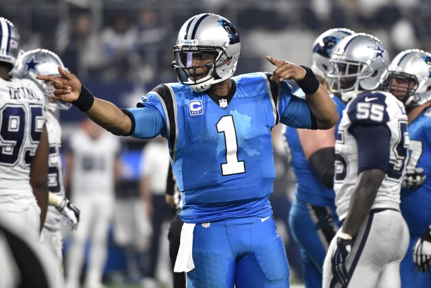 Carolina Panthers quarterback Cam Newton (1) celebrates a first down against the Dallas Cowboys during the second half of an NFL football game, Thursday, Nov. 26, 2015, in Arlington, Texas. The Panthers won 33-14. (AP Photo/Michael Ainsworth)