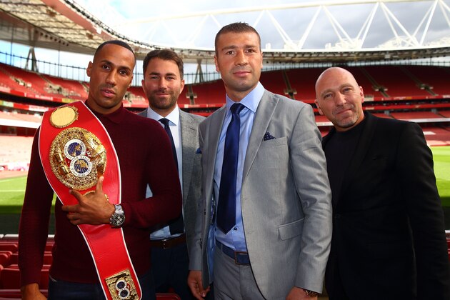 LONDON, ENGLAND - OCTOBER 08:  (from L-R) James DeGale, promoter Eddie Hearn, Lucian Bute and promoter Pierre Duc pose for a photo during the press conference ahead of the fight between James DeGale and Lucian Bute at Emirates Stadium on October 8, 2015 in London, England.  (Photo by Jordan Mansfield/Getty Images)