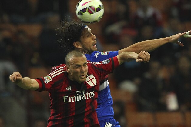 MILAN, ITALY - APRIL 12:  Matias Agustin Silvestre (up) of UC Sampdoria competes for the ball with Luca Antonelli (down) of AC Milan during the Serie A match between AC Milan and UC Sampdoria  at Stadio Giuseppe Meazza on April 12, 2015 in Milan, Italy.  (Photo by Marco Luzzani/Getty Images)