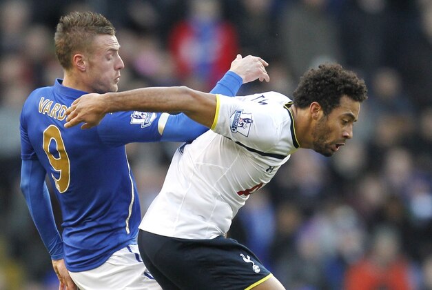Leicester City's English striker Jamie Vardy (L) vies with Tottenham Hotspur's Belgian midfielder Mousa Dembele during the FA Cup fourth round football match between Tottenham Hotspur and Leicester City at White Hart Lane in London, on January 24, 2015. AFP PHOTO / IAN KINGTON == RESTRICTED TO EDITORIAL USE. No use with unauthorized audio, video, data, fixture lists, club/league logos or live services. Online in-match use limited to 45 images, no video emulation. No use in betting, games or single club/league/player publications.  ==        (Photo credit should read IAN KINGTON/AFP/Getty Images)