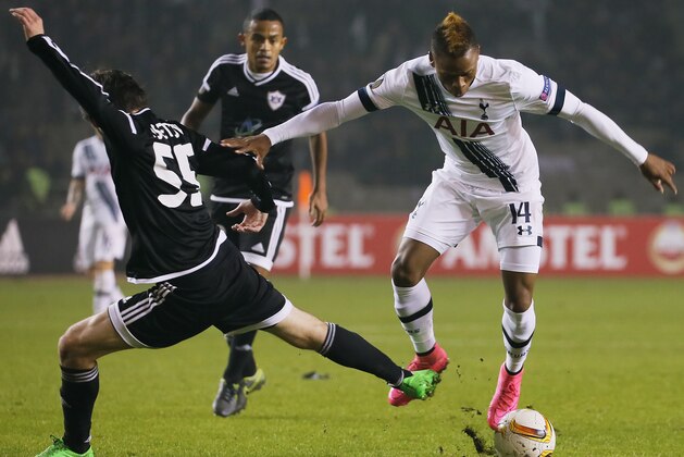 BAKU, AZERBAIJAN - NOVEMBER 26: Badavi Guseynov of Qarabag FK ?hallenged by Clinton N'Jie of Tottenham Hotspur FC during the UEFA Europe League match between Qarabag FK and Tottenham Hotspur FC at Tofig Bahramov Republican stadium on November 26, 2015 in Baku, Azerbaijan.  (Photo by Epsilon/Getty Images)