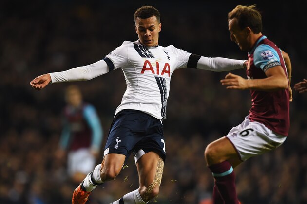 LONDON, ENGLAND - NOVEMBER 22:  Dele Alli of Tottenham Hotspur takes on Mark Noble of West Ham United during the Barclays Premier League match between Tottenham Hotspur and West Ham United at White Hart Lane on November 22, 2015 in London, England.  (Photo by Shaun Botterill/Getty Images)