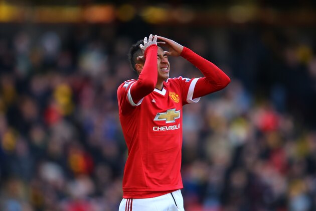 WATFORD, ENGLAND - NOVEMBER 21:  Jesse Lingard of Manchester United reacts after missing a chance during the Barclays Premier League match between Watford and Manchester United at Vicarage Road on November 21, 2015 in Watford, England.  (Photo by Richard Heathcote/Getty Images)
