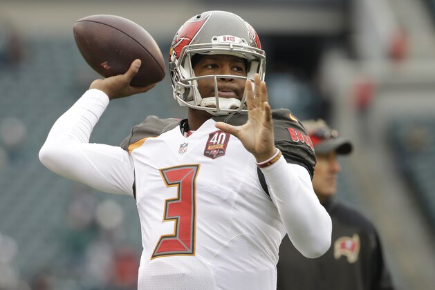 Tampa Bay Buccaneers' Jameis Winston warms up before an NFL football game against the Philadelphia Eagles, Sunday, Nov. 22, 2015, in Philadelphia. (AP Photo/Matt Rourke)
