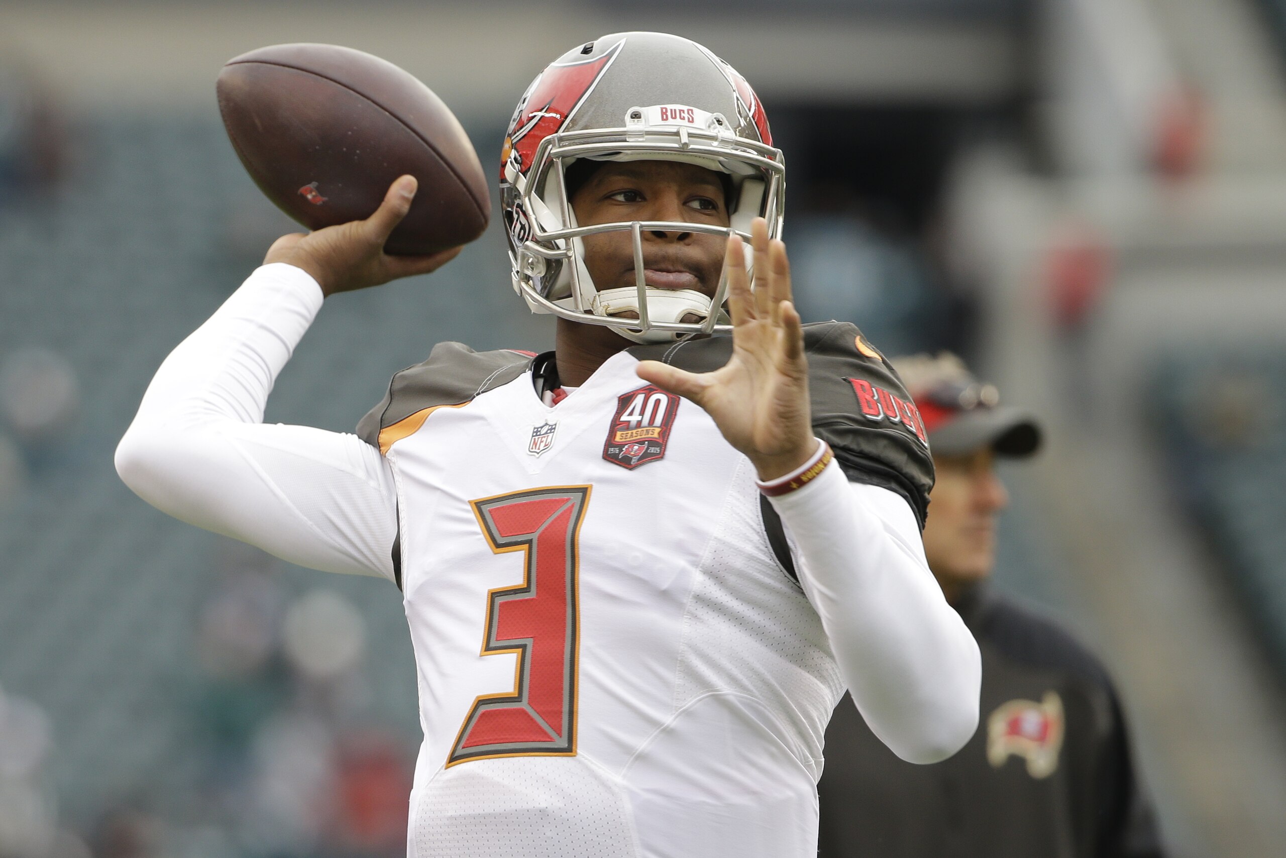 Tampa Bay Buccaneers' Jameis Winston warms up before an NFL football game against the Philadelphia Eagles, Sunday, Nov. 22, 2015, in Philadelphia. (AP Photo/Matt Rourke) Tampa Bay Buccaneers' Jameis Winston warms up before an NFL football game against the Philadelphia Eagles, Sunday, Nov. 22, 2015, in Philadelphia. (AP Photo/Matt Rourke)