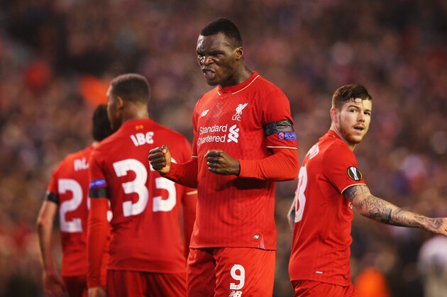 LIVERPOOL, ENGLAND - NOVEMBER 26:  Christian Benteke of Liverpool celebrates as he scores their second goal during the UEFA Europa League Group B match between Liverpool FC and FC Girondins de Bordeaux at Anfield on November 26, 2015 in Liverpool, United Kingdom.  (Photo by Alex Livesey/Getty Images)