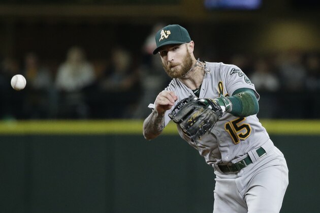 Oakland Athletics second baseman Brett Lawrie in action in a baseball game Friday, Oct. 2, 2015, in Seattle. (AP Photo/Elaine Thompson)