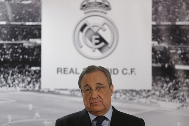 Real Madrid's President Florentino Perez listens to a question during a news conference at the Santiago Bernabeu stadium in Madrid, Monday, Nov. 23, 2015. Perez appeared before the press two days after Real Madrid lost 0-4 against rival Barcelona. (AP Photo/Francisco Seco)