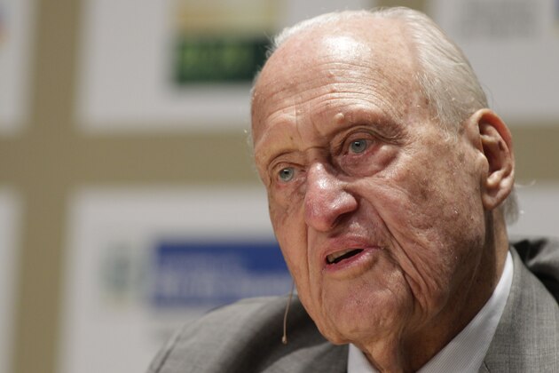 FILE - In this Nov. 22, 2010, file photo, Joao Havelange, a former FIFA president, speaks during an interview at the Soccerex Global Convention in Rio de Janeiro, Brazil. Havelange is being treated in a Rio de Janeiro hospital for respiratory problems. The 99-year old Brazilian, who handed over the FIFA presidency in 1998 to Sepp Blatter, was hospitalized a year ago for a similar problem. (AP Photo/Felipe Dana, File)