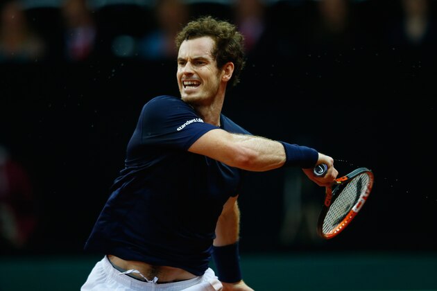 GHENT, BELGIUM - NOVEMBER 27:  Andy Murray of Great Britain hits a forehand during the singles match against  Ruben Bemelmens of Belgium on day one of the Davis Cup Final 2015 at Flanders Expo on November 27, 2015 in Ghent, Belgium.  (Photo by Julian Finney/Getty Images)