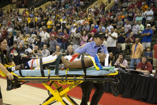 Wichita State forward Anton Grady (15) is taken off the court after an injury during the second half of an NCAA college basketball game Friday, Nov. 27, 2015, in Orlando, Fla. Alabama won 64-60.(AP Photo/Willie J. Allen Jr.) Wichita State forward Anton Grady (15) is taken off the court after an injury during the second half of an NCAA college basketball game Friday, Nov. 27, 2015, in Orlando, Fla. Alabama won 64-60.(AP Photo/Willie J. Allen Jr.)