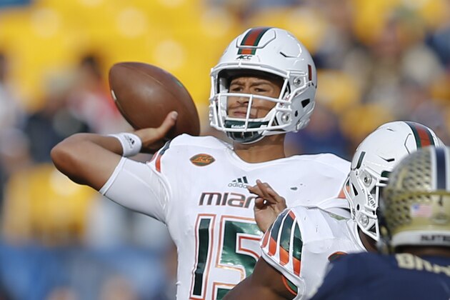 Miami quarterback Brad Kaaya (15) passes in the second quarter of an NCAA college football game against Pittsburgh, Friday, Nov. 27, 2015, in Pittsburgh. (AP Photo/Keith Srakocic)
