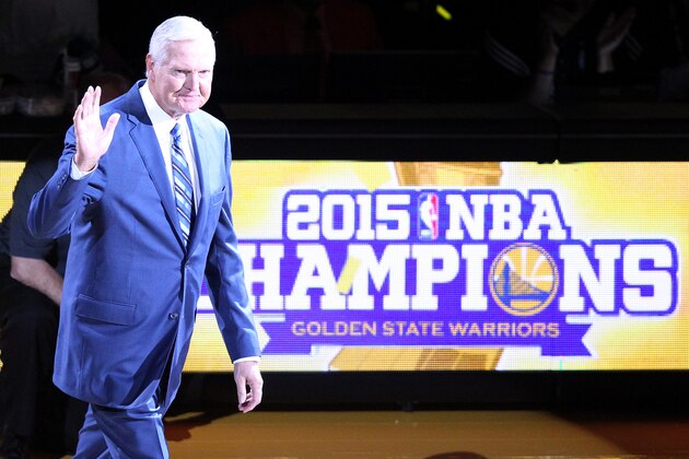 OAKLAND, CA - OCTOBER 27:  Executive Board Member Jerry West waves to the crowd during the ring ceremony for the 2015 Golden State Warriors championship season prior to the NBA season opener against the New Orleans Pelicans at ORACLE Arena on October 27, 2015 in Oakland, California. NOTE TO USER: User expressly acknowledges and agrees that, by downloading and or using this photograph, User is consenting to the terms and conditions of the Getty Images License Agreement.  (Photo by Robert Reiners/Getty Images)