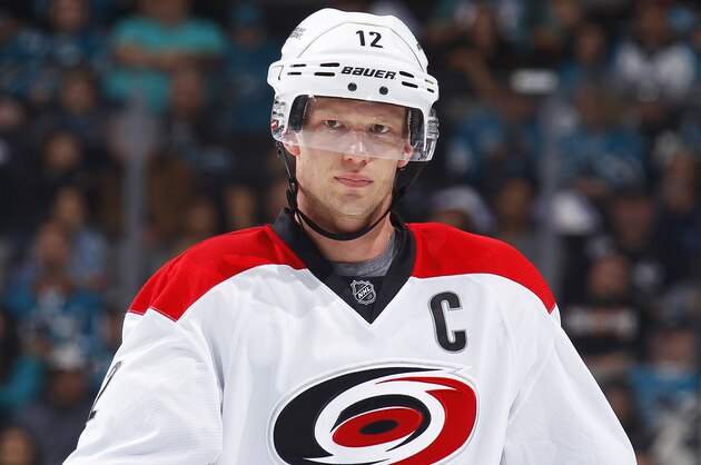 SAN JOSE, CA - OCTOBER 24: Eric Staal #12 of the Carolina Hurricanes looks on during the game against the San Jose Sharks at SAP Center on October 24, 2015 in San Jose, California. (Photo by Rocky W. Widner/NHL/Getty Images)