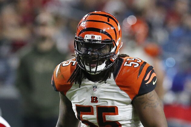 Cincinnati Bengals outside linebacker Vontaze Burfict (55) in the first half during an NFL football game the Arizona Cardinals, Sunday, Nov. 22, 2015, in Glendale, Ariz. (AP Photo/Rick Scuteri)