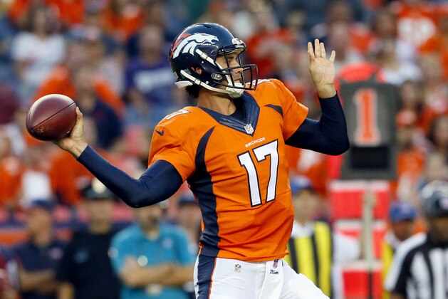 Denver Broncos quarterback Brock Osweiler (17) throws against the Arizona Cardinals during the first half of an NFL preseason football game, Thursday, Sept. 3, 2015, in Denver. (AP Photo/Joe Mahoney)