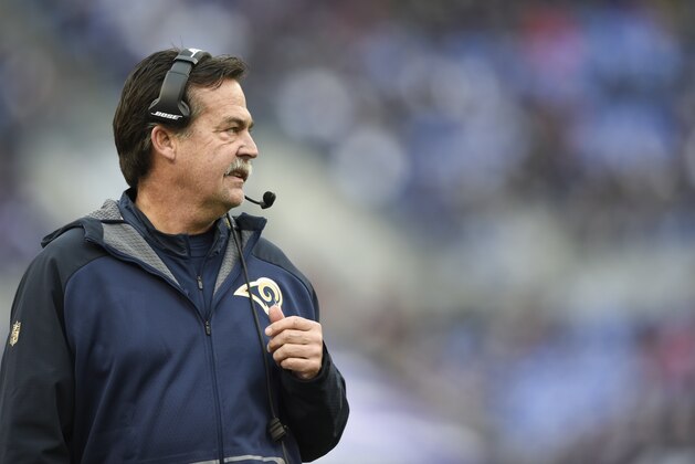 St. Louis Rams head coach Jeff Fisher watches the action from the sidelines during the second half of an NFL football game against the Baltimore Ravens in Baltimore, Sunday, Nov. 22, 2015. (AP Photo/Gail Burton)