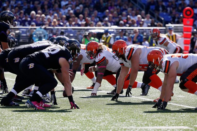 BALTIMORE, MD - OCTOBER 11: The Baltimore Ravens offense lines up against the Cleveland Browns defense at M&T Bank Stadium on October 11, 2015 in Baltimore, Maryland.  (Photo by Rob Carr/Getty Images)