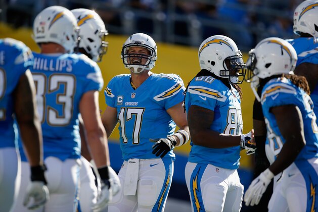 SAN DIEGO, CA - NOVEMBER 22: Philip Rivers #17 of the San Diego Chargers yells during a game against the Kansas City Chiefs at Qualcomm Stadium on November 22, 2015 in San Diego, California. (Photo by Sean M. Haffey/Getty Images)