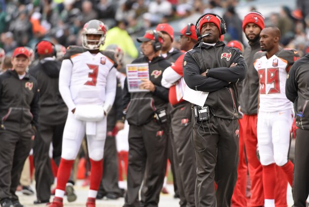 Nov 22, 2015; Philadelphia, PA, USA; Tampa Bay Buccaneers head coach Lovie Smith on the sidelines against the Philadelphia Eagles during the first quarter at Lincoln Financial Field. Mandatory Credit: Eric Hartline-USA TODAY Sports
