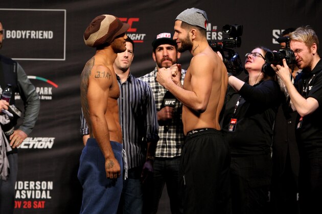 SEOUL, SOUTH KOREA - NOVEMBER 27: (L and R) Jorge Masvidal and Benson Henderson during the UFC Fight Night weigh-in at the Olympic Park Gymnastics Arena on November 27, 2015 in Seoul, South Korea. (Photo by Mitch Viquez/Zuffa LLC/Zuffa LLC via Getty Images)