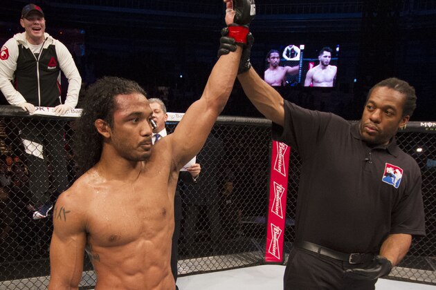 SEOUL, SOUTH KOREA - NOVEMBER 28:  Benson Henderson of the United States of America has his hand raised after a split decision victory over Jorge Masvidal of the United States of America in their welterweight bout during the UFC Fight Night at the Olympic Park Gymnastics Arena on November 28, 2015 in Seoul, South Korea. (Photo by Mitch Viquez/Zuffa LLC/Zuffa LLC via Getty Images)