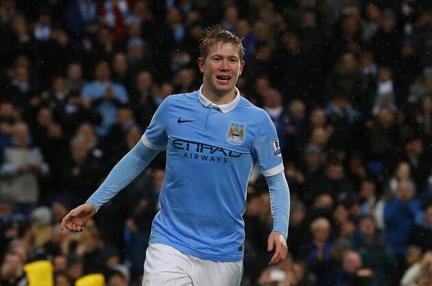 Manchester City's Belgian midfielder Kevin De Bruyne celebrates scoring the opening goal against Southampton during the English Premier League football match between Manchester City and Southampton at the Etihad stadium in Manchester, northwest England on November 28th, 2015. AFP PHOTO / LINDSEY PARNABY

RESTRICTED TO EDITORIAL USE. No use with unauthorized audio, video, data, fixture lists, club/league logos or 'live' services. Online in-match use limited to 75 images, no video emulation. No use in betting, games or single club/league/player publications. / AFP / LINDSEY PARNABY        (Photo credit should read LINDSEY PARNABY/AFP/Getty Images)