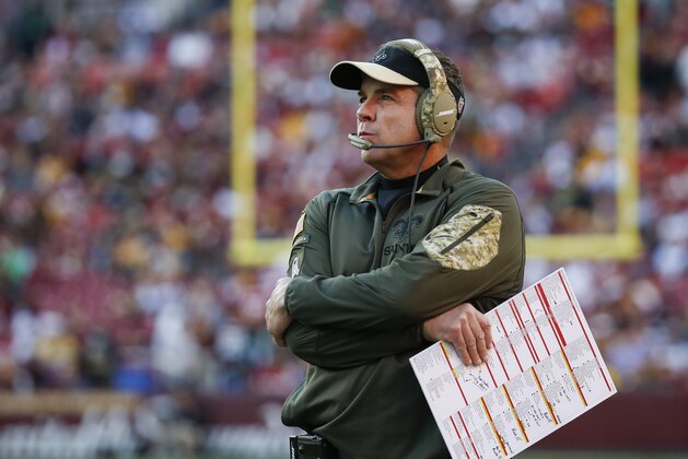 New Orleans Saints head coach Sean Payton watches the action from the sidelines during the second half of an NFL football game against the Washington Redskins in Landover, Md., Sunday, Nov. 15, 2015. (AP Photo/Alex Brandon)