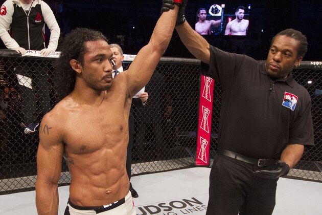 SEOUL, SOUTH KOREA - NOVEMBER 28:  Benson Henderson of the United States of America has his hand raised after a split decision victory over Jorge Masvidal of the United States of America in their welterweight bout during the UFC Fight Night at the Olympic Park Gymnastics Arena on November 28, 2015 in Seoul, South Korea. (Photo by Mitch Viquez/Zuffa LLC/Zuffa LLC via Getty Images)