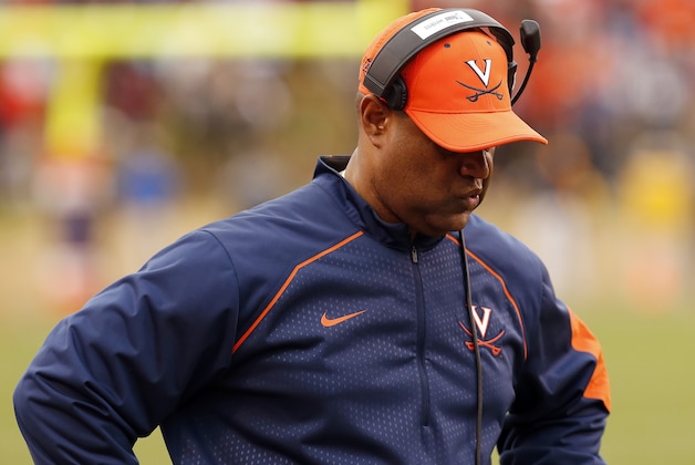 Nov 28, 2015; Charlottesville, VA, USA; Virginia Cavaliers head coach Mike London reacts on the sidelines against the Virginia Tech Hokies in the final seconds of the fourth quarter at Scott Stadium. The Hokies won 23-20. Mandatory Credit: Geoff Burke-USA TODAY Sports