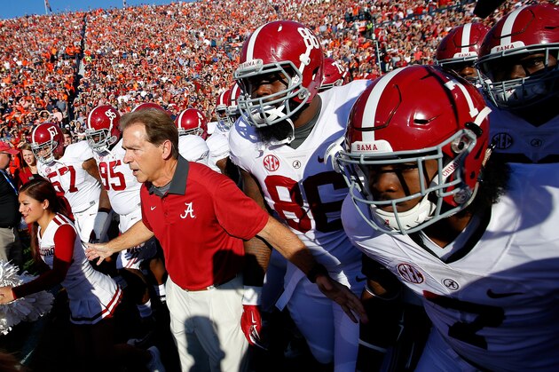 AUBURN, AL - NOVEMBER 28:  Head coach Nick Saban of the Alabama Crimson Tide prepares to lead his team onto the field to face the Alabama Crimson Tide at Jordan Hare Stadium on November 28, 2015 in Auburn, Alabama.  (Photo by Kevin C. Cox/Getty Images)