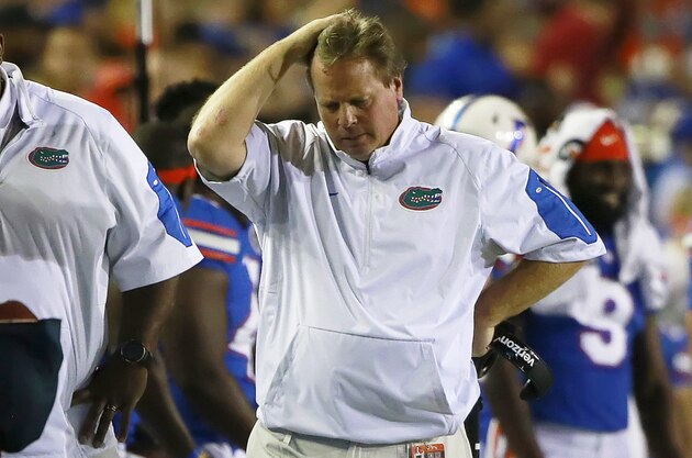 Nov 28, 2015; Gainesville, FL, USA; Florida Gators head coach Jim McElwain reacts against the Florida State Seminoles during the first quarter at Ben Hill Griffin Stadium. Mandatory Credit: Kim Klement-USA TODAY Sports