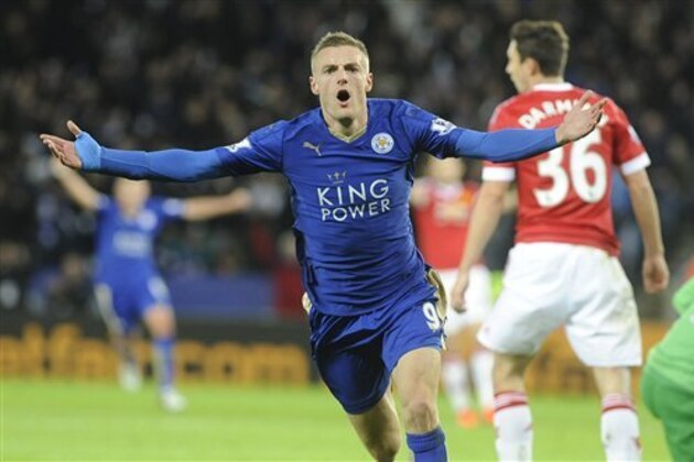 Leicester’s Jamie Vardy celebrates after scoring against Manchester United, his eleventh consecutive goal in the Premier League, during the English Premier League soccer match between Leicester City and Manchester United at the King Power Stadium, Leicester, England, Saturday, Nov. 28, 2015. Vardy becomes the first man to score in 11 consecutive English Premier League soccer matches after finding the back of the net against Manchester United today.(AP Photo/Rui Vieira)