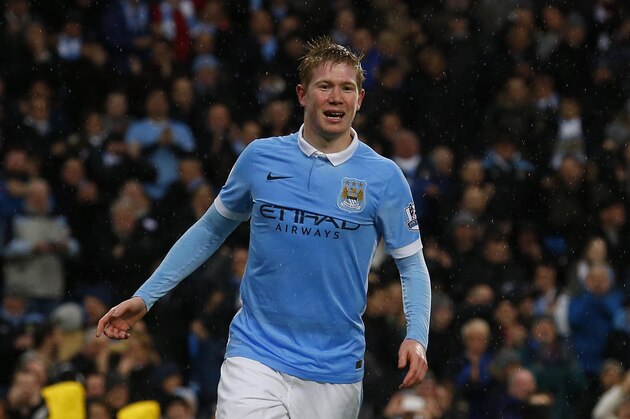 Manchester City's Belgian midfielder Kevin De Bruyne celebrates scoring the opening goal against Southampton during the English Premier League football match between Manchester City and Southampton at the Etihad stadium in Manchester, northwest England on November 28th, 2015. AFP PHOTO / LINDSEY PARNABY

RESTRICTED TO EDITORIAL USE. No use with unauthorized audio, video, data, fixture lists, club/league logos or 'live' services. Online in-match use limited to 75 images, no video emulation. No use in betting, games or single club/league/player publications. / AFP / LINDSEY PARNABY        (Photo credit should read LINDSEY PARNABY/AFP/Getty Images)